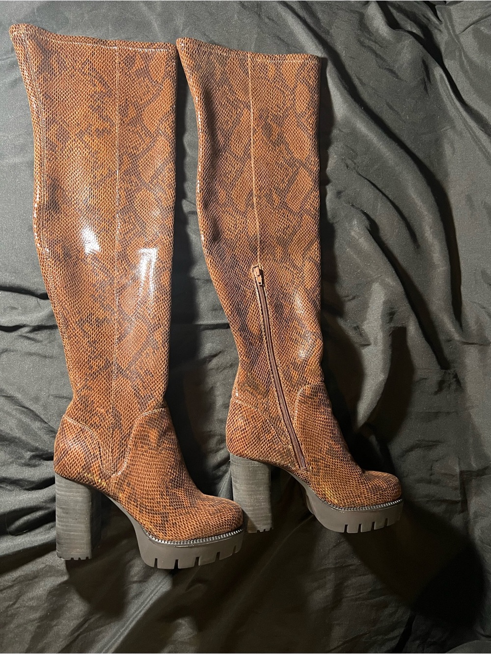 Charles David Brown Snakeskin Platform Knee-High Boots